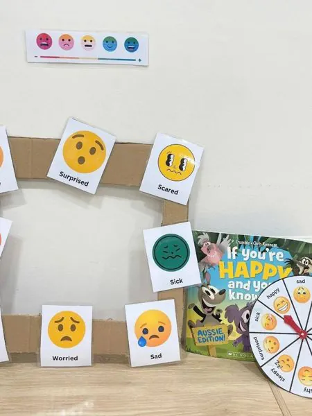 A feelings activity with emotion cards, a spinner and a picture book
