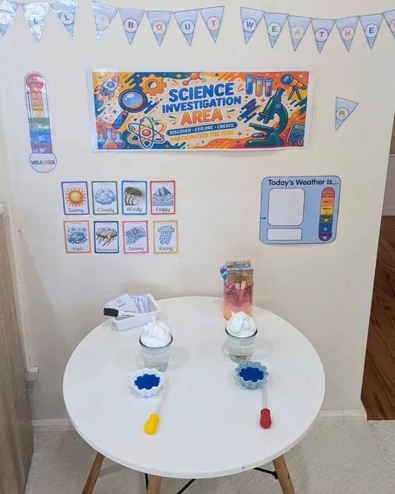 Science investigation area with jars, droppers and a weather chart